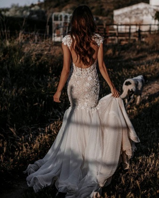 Chic sans manches 3D Floral sirène robe de mariée col en V robe de mariée en tulle_6