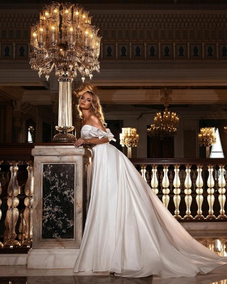 Robe de mariée sirène glamour à épaules dénudées en satin avec traine amovible_2