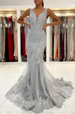 Charming Sleeveless Floral Lace Mermaid Prom Dress_1