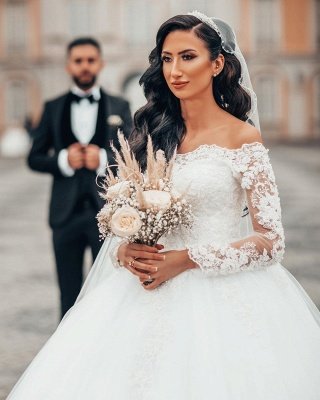 Wunderschöne weiße lange Ärmel weiße 3D Blumenspitze Ballkleid Aline Brautkleider_3