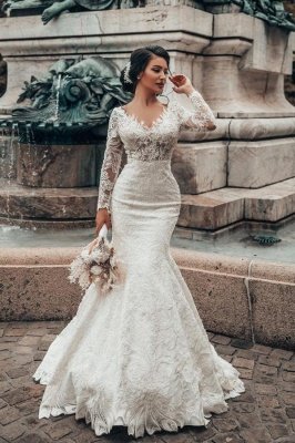 Romantic White Long Sleeves Mermaid Bridal Gown Soft Floral Lace Tulle Wedding Dress_1