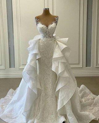 Superbe robe de mariée sirène chérie sans manches robe de mariée blanche avec queue détachable_1