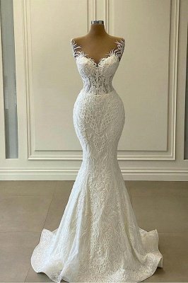 Superbe robe de mariée sirène chérie sans manches robe de mariée blanche avec queue détachable_2