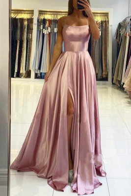 Charming Spaghetti Straps Satin Maxi Evening Dress with Side Slit  Sleeveless Gown_13