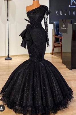 Charmantes schwarzes Tüll Pailletten Meerjungfrau Partykleid One Shoulder Abendkleid_1