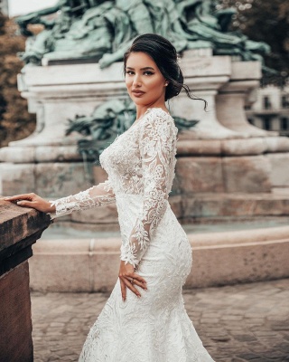 Robe de mariée sirène blanche romantique à manches longues Robe de mariée en dentelle florale douce en tulle_2