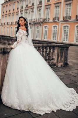 Wunderschöne weiße lange Ärmel weiße 3D Blumenspitze Ballkleid Aline Brautkleider_1