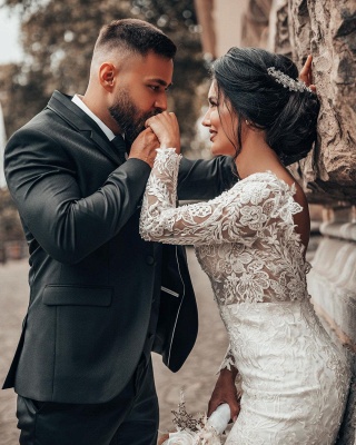 Robe de mariée sirène blanche romantique à manches longues Robe de mariée en dentelle florale douce en tulle_5