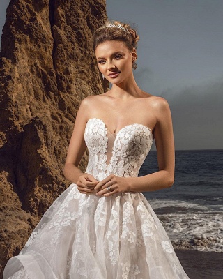 Ärmelloses weißes Aline-Hochzeitskleid mit floraler Spitze Sweetheart-Brautkleid_3