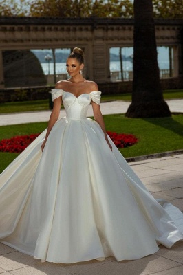 Superbe robe de bal princesse en satin blanc à épaules dénudées robe de mariée Aline chérie_1