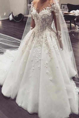 Vestido de novia de encaje floral 3D de lujo Vestido de novia de tul de manga larga_3