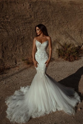 Sweetheart Mermaid Bridal Gown Sleeveless Tulle Wedding Dress_1