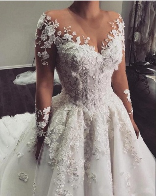 Luxury 3DFloral Lace Bridal Gown Long Sleeves Tulle Wedding Dress_2