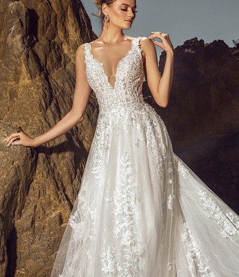 Elegant Sleeveless Aline Wedding Dress Floral Lace Appliques Tulle Bridal Dress_4