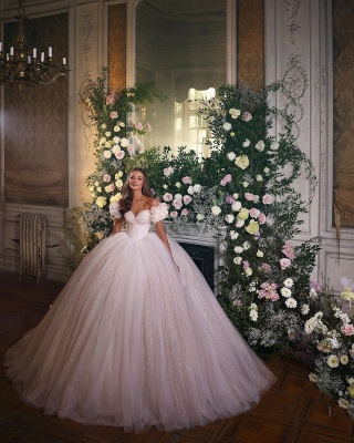 Magnífico vestido de fiesta de tul con mangas abullonadas, vestido de novia con lentejuelas brillantes de princesa_4