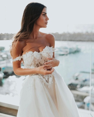 Elegante vestido de novia blanco con hombros descubiertos Vestido de novia de tul floral_3