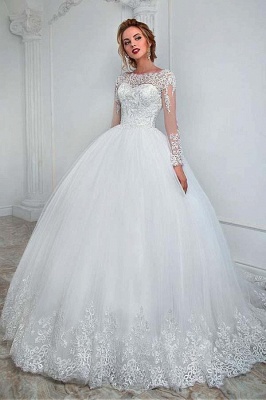 Elegant Bateau Neck Aline Wedding Dress Long Sleeves Tulle Lace Appliques Bridal Dress_1