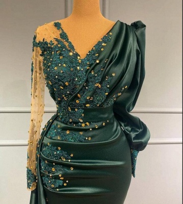 Long Sleeves Dark Green Evening Dress V-Neck Satin Prom Dress with Beads_2