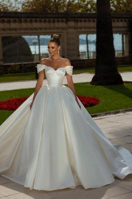 Gorgeous Off-the-Shoulder White Satin Princess Ball Gown Sweetheart Aline Bridal Dress_1