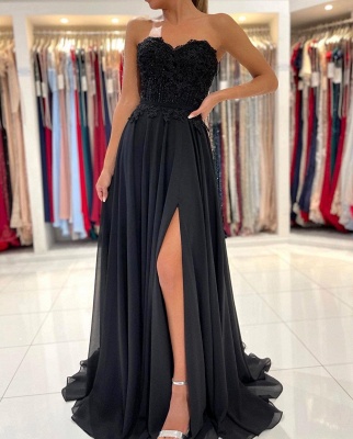 Sweetheart Black Prom Dress Side Slit Sleeveless Chiffon Party Dress_3
