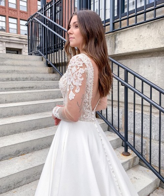 Vestido de novia Aline de encaje floral de manga larga Vestido maxi blanco satinado de manga larga para novia_2