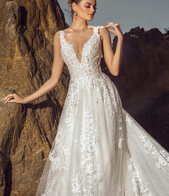 Robe de mariée Aline sans manches élégante Robe de mariée en tulle avec appliques en dentelle florale_4