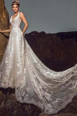 Elegant Sleeveless Aline Wedding Dress Floral Lace Appliques Tulle Bridal Dress_1