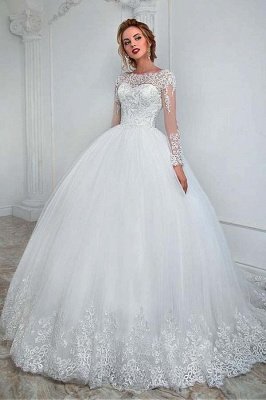 Elegant Bateau Neck Aline Wedding Dress Long Sleeves Tulle Lace Appliques Bridal Dress