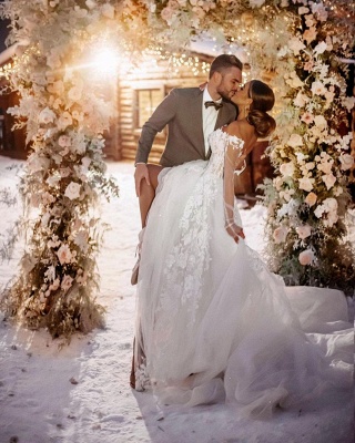 Off-the-Shoulder White Bridal Dress Floral Lace Tulle Wedding Dress_3