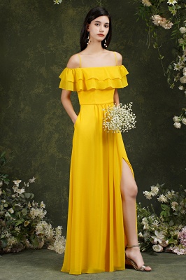 Spaghetti Straps Aline Bridesmaid Dress Side Slit Formal Dress with Pockets_16