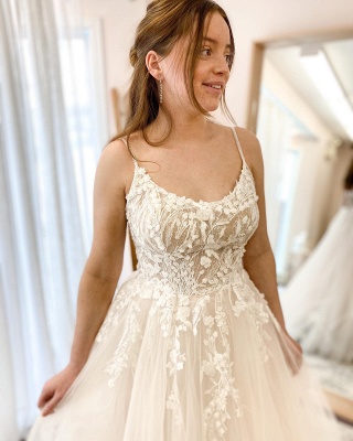 Einfaches Tüll-Hochzeitskleid Aline Spaghetti-Trägern Blumenspitze Bodenlanges Kleid für die Braut_2