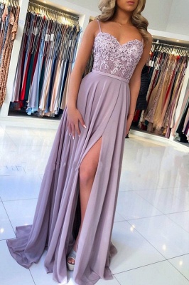 Elegant Sweetheart Chiffon Side Slit evening maxi Dress with Spaghetti Straps_1