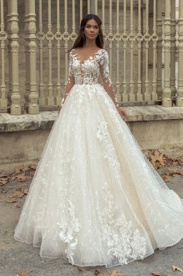 Chic  Aline Wedding Dress with Sleeves Tulle Floral Lace Appliques Bridal Dress_1