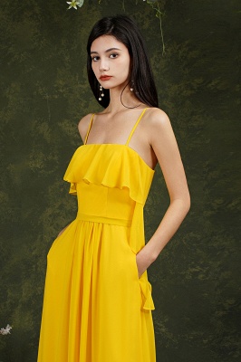 Ärmelloses, bodenlanges Kleid mit gelben Rüschen für Hochzeitsgäste_8