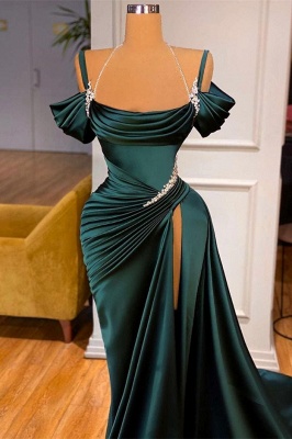 Robe de soirée longue en satin froncé à épaules dénudées avec perles sur le côté_2