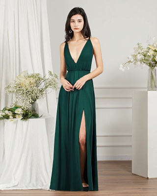 Sleeveless Side Slit Evening Dress V-Neck Aline Floor-Length Dress_16
