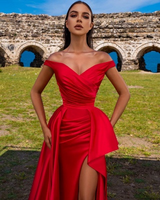 Charming Red Off Shoulder Evening Dress Side Slit Prom Dress_2