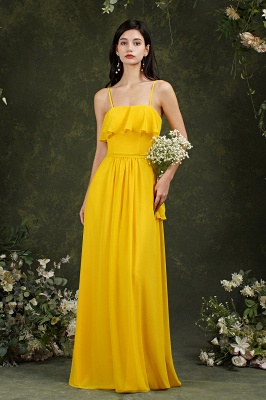 Vestido amarillo sin mangas con volantes hasta el suelo para invitadas a la boda_3