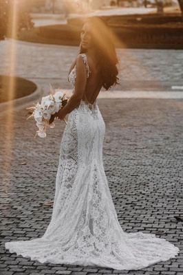Ärmelloses weißes Meerjungfrau-Hochzeitskleid Einfaches rückenfreies Brautkleid mit floraler Spitze_1