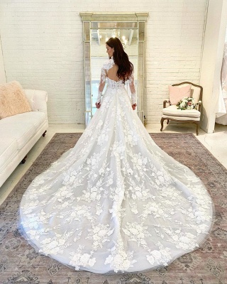 Romantic  Wedding Dress with Sleeves Floral Lace High Neck Garden Bridal Dress_3