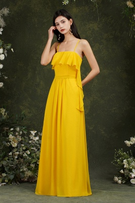 Vestido amarillo sin mangas con volantes hasta el suelo para invitadas a la boda_5