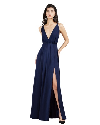 Sleeveless Side Slit Evening Dress V-Neck Aline Floor-Length Dress_2