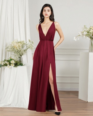 Sleeveless Side Slit Evening Dress V-Neck Aline Floor-Length Dress_8