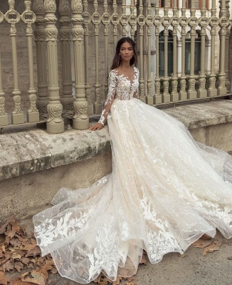 Chic  Aline Wedding Dress with Sleeves Tulle Floral Lace Appliques Bridal Dress_2