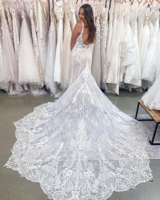 Weißes Meerjungfrau-Brautkleid Ärmelloses V-Ausschnitt-Hochzeitskleid mit floraler Spitze_2