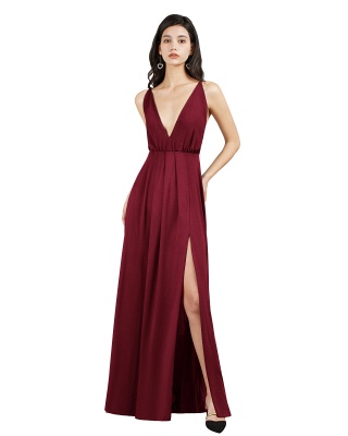 Sleeveless Side Slit Evening Dress V-Neck Aline Floor-Length Dress_1