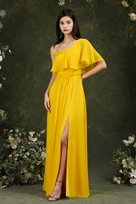 Vestido de dama de honor con un hombro amarillo Vestido de noche largo con abertura lateral_15