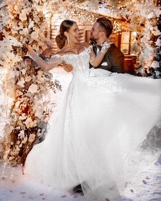 Off-the-Shoulder White Bridal Dress Floral Lace Tulle Wedding Dress_2