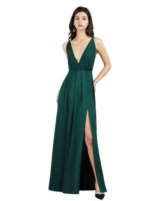 Sleeveless Side Slit Evening Dress V-Neck Aline Floor-Length Dress_3