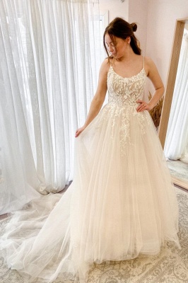 Einfaches Tüll-Hochzeitskleid Aline Spaghetti-Trägern Blumenspitze Bodenlanges Kleid für die Braut_1